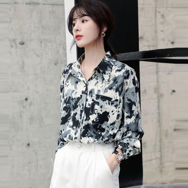 

office lady elegant long sleeve shirts 2021 spring korean style vintage print turn-down collar women casual w087 women's blouses &, White