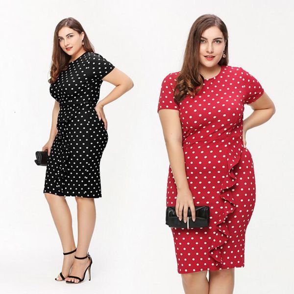 

casual dresses summer polka dot women plus size o-neck shor sleeve pencil for hr68, Black;gray
