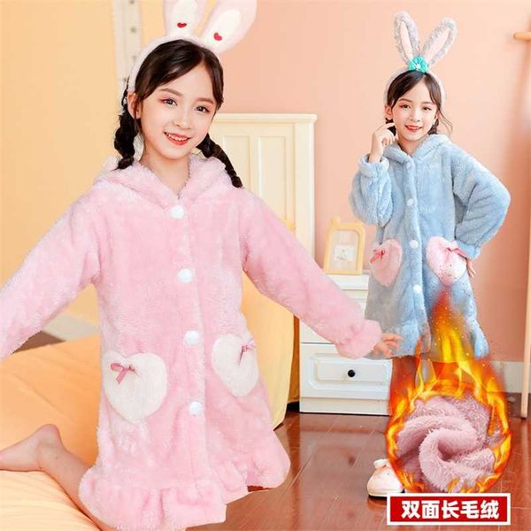 Ragazze Top Camicia da notte Pigiama per bambini Stile invernale Bambini Spessa calda Vestaglia di flanella Accappatoio lungo in velluto a doppia faccia 211130