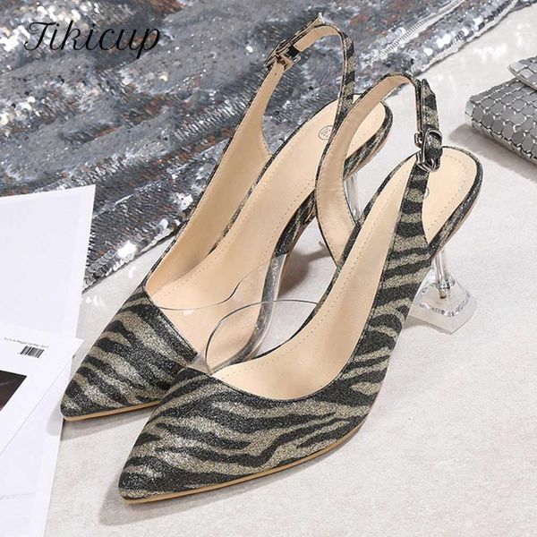 

tikicup sparkly women leopard slingback pumps summer 7cm high heel fashion party shoes chic ladies pointed toe stilettos dress, Black