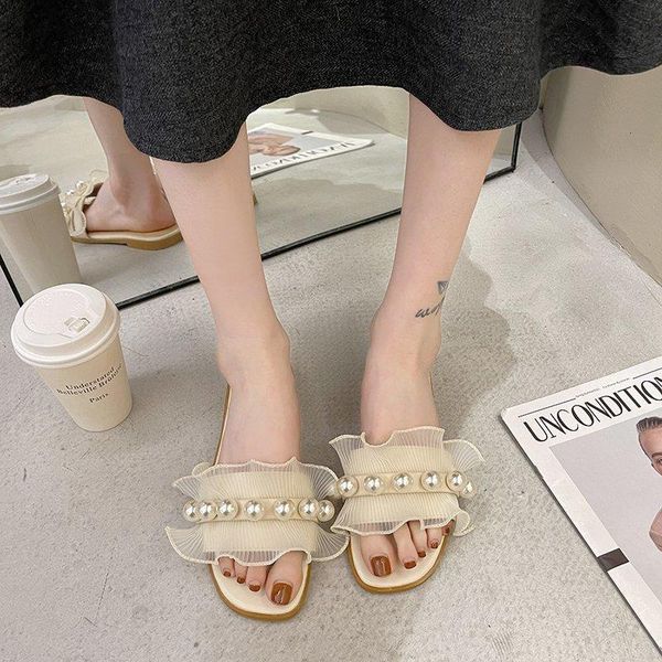 

shoes women slippers casual string bead low pantofle slides soft luxury 2021 flat summer rubber pu rome leisure basic wom, Black