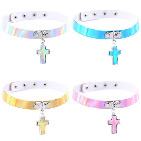 

chokers qiamni punk gothic black pu leather luminous laser cross choker necklace for women neck harajuku party jewelry chocker collar, Golden;silver