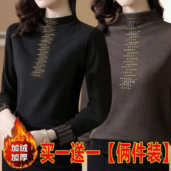 

women's t-shirt woman tshirts plus size turtleneck rhinestone autumn winter long sleeves mujer camisetas, White