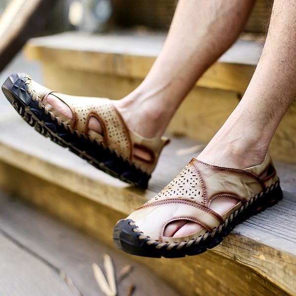 

slippers outdoor leather large men's shoes summer fashion casual sandals breathable hollow xeuw, Black