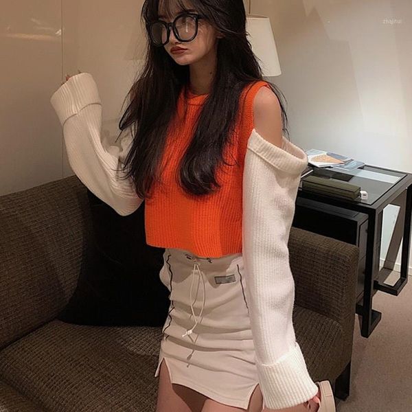 

women's sweaters fashion patchwork contrast color off shoulder pullovers o-neck long sleeve short, White;black