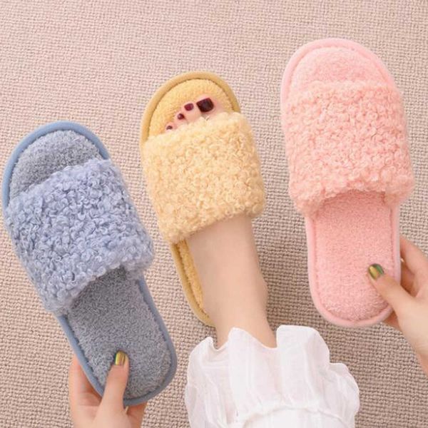 

fashion women slippers furry slides home solid color fur flip flops fluffy plush house shoes female winter warm sh561 210625, Black