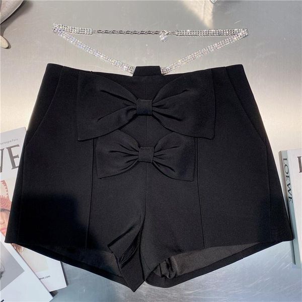 

women's shorts rhinestone chain belt waist women 2021 summer all-matching sweet bow short femme black, White;black
