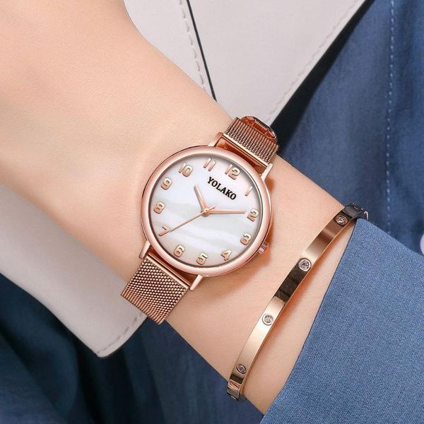 

wristwatches rose gold green ladies watch ins arabic numeral unique fashion malachite mesh band, Slivery;brown