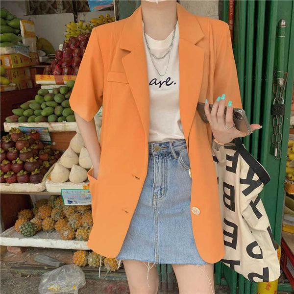 Hzirip 2021 laranja sólida manga curta blazer jaquetas fina femme casual elegante vintage vintage outwear todos os casacos retro tops x0721