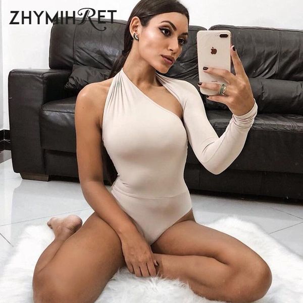 

women's jumpsuits & rompers zhymihret 2021 autumn one shoulder bodysuit women skinny backless hollow out halter jumpsuit long sleeve, Black;white