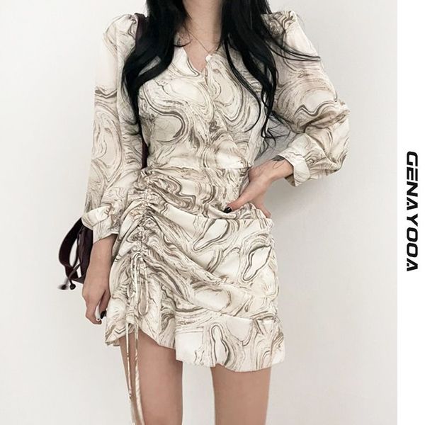 

genayooa vintage mini women spring long sleeve blooming ink print dress v neck drawstring vestido mujer korean fashion 210417, Black;gray