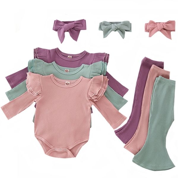 

toddler kids baby girl ruffle bodysuit romper solid bowknot pants trousers autumn cotton long sleeve outfit clothes set 210417, White