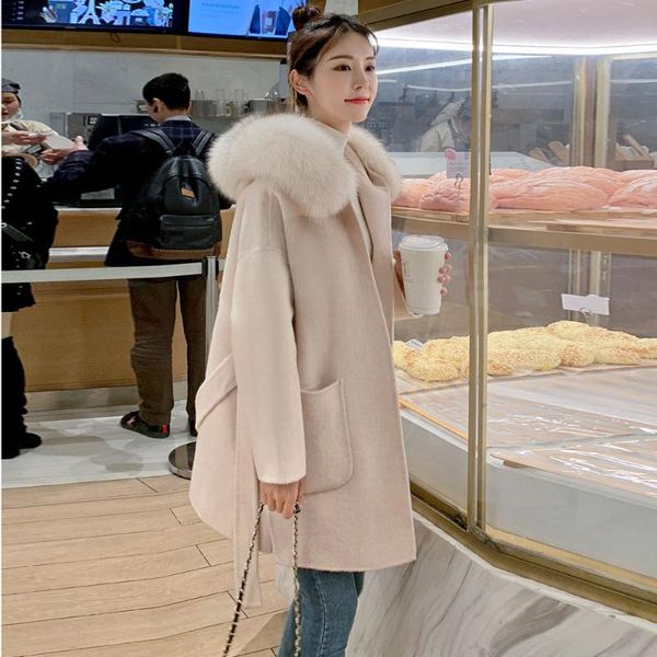 

women's trench coats double-sided woolen coat women fur collar hood cashmere wool blends autumn and winter long outerwear, Tan;black