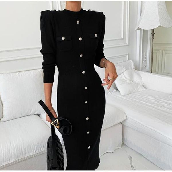 

casual dresses runway spring small fragrance knitting women eleagnt single-breasted office lady long sleeve sweater dress, Black;gray