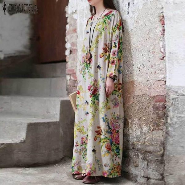 

retro floral maxi dress women's autumn vestidos zanzea 2021 casual long sleeve printed female o neck robe oversized dresses, Black;gray