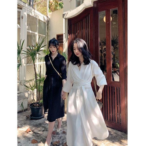 

casual dresses loose summer office work shirt dress pure color spring women midi long sleeve vestidos verano 9gb7, Black;gray