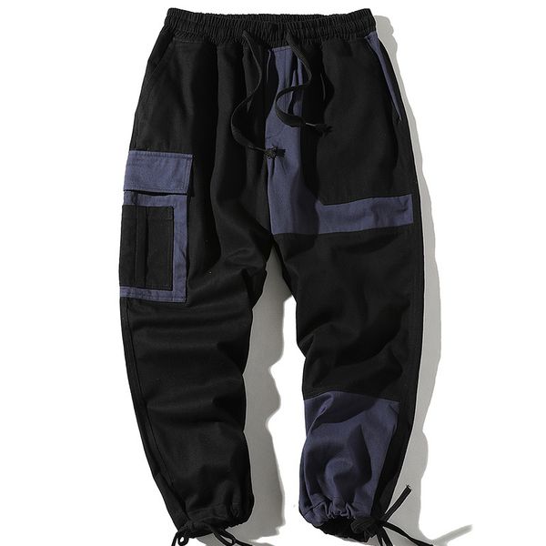 

men's pants hip hop joggers 2021 autumn patchwork multi-pocket elastic waist sweatpants male streetwear cargo a30w, Black
