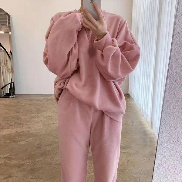 

women's two piece pants [ewq] korean chic autumn lazy style round neck loose long sleeve sweatshirt + elastic waist casual pink set 202, White