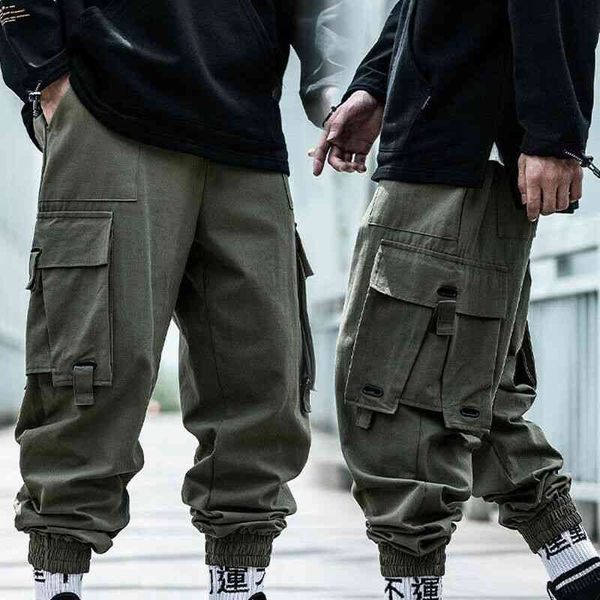 

men's multi pockets cargo harem pants hip hop joggers harajuku pants streetwear male casual joggers track trousers 210406, Black