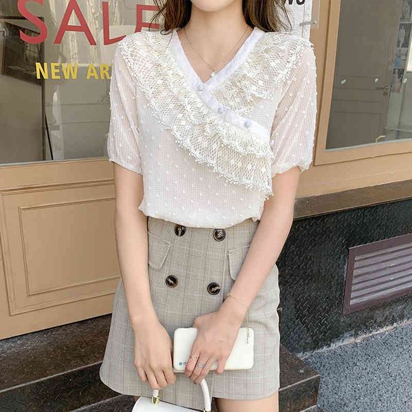 

short-sleeved women's blouse v-neck summer lace chiffon splicing comfortable fashion casual shirt 210515, White