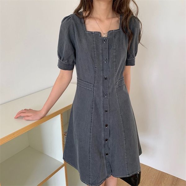 

casual dresses summer office lady square collar cowboy 2021 stylish vintage denim prom chic streetwear femme vestidos mini ghz6, Black;gray