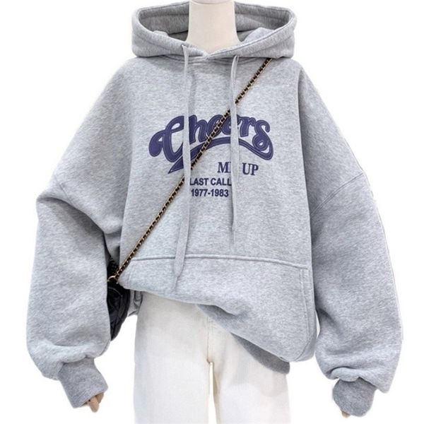 

korean fashion product women hoodie winter sweatshirt print letters chees harajuku long sleeve plus velvet pullover female 220311, Black