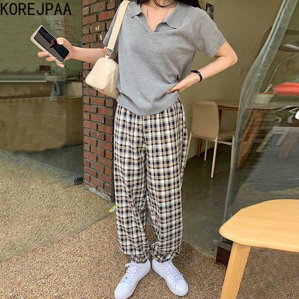 

korejpaa women set summer simple lapel short-sleeved thin knit sweater high-waist contrast color check beam leg slacks 210526, White