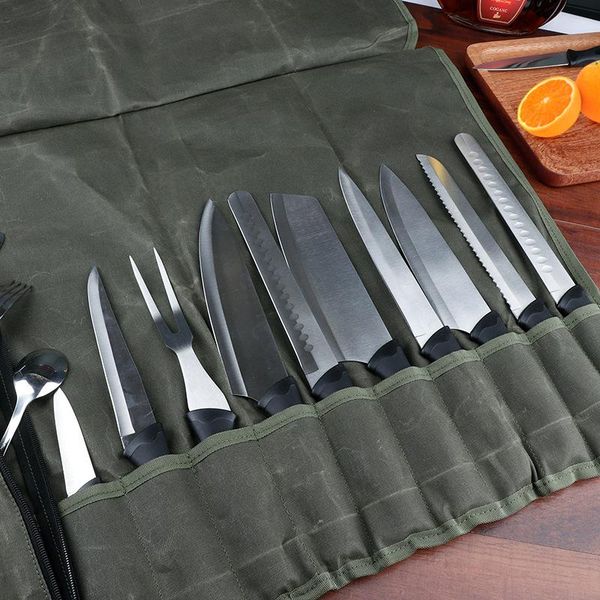 

backpack waxed canvas cooking portable durable storage chef knife set bag roll carry case