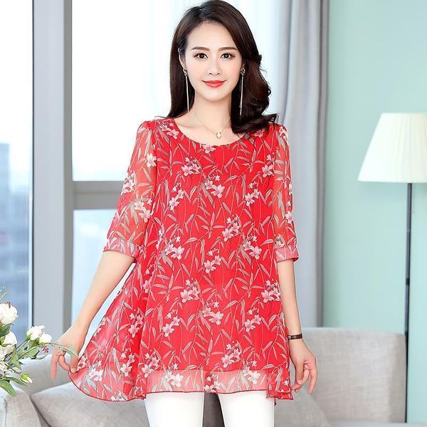 

women shirt summer middle aged elegant floral blouse female fashion chiffon bottoming polyester camisetas plus size 4xl w12, White