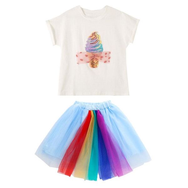

clothing sets 3 to 13 years teenage girls suit for children's kids ice cream short-sleeve t-shirt + rainbow gauze dress two-piece set, White