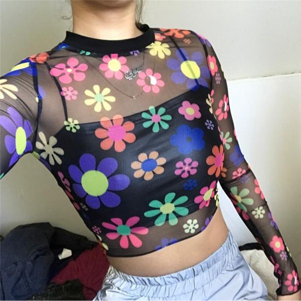 

women's t-shirt spring fashion lady women black t shirt o neck mesh sheer see-through colorful flower print long sleeve crop top, White