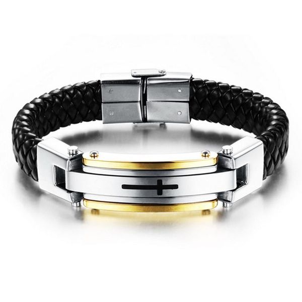 

link, chain tisnium men and women bracelet cross design elements stainless steel leather woven hip-hop punk jewelry accessories, Black