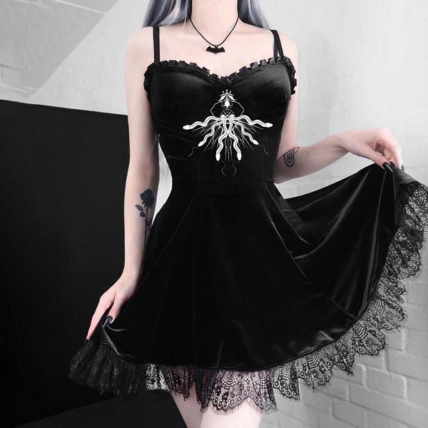 

casual dresses velvet embroidery a-line dress women lace adjustable strap wrap low cut blue black gothic chic party garment trendy 2021, Black;gray