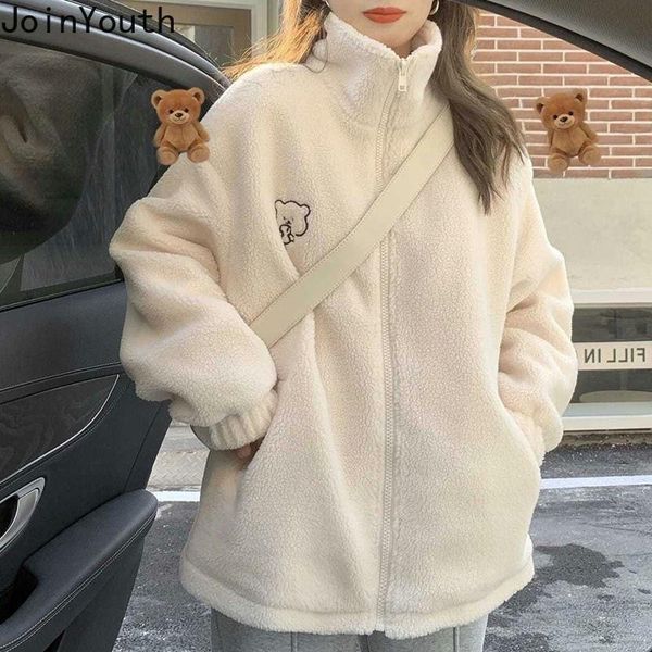 

women's jackets joinyouth large size imitation lamb fur stand-up collar jacket women autumn winter plus velvet thick loose student coa, Black;brown
