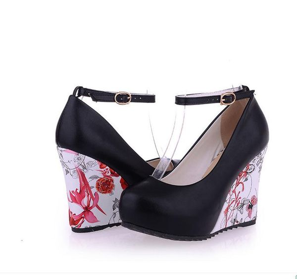 

women's shoes in spring and autumn slope heel round head@128, Black