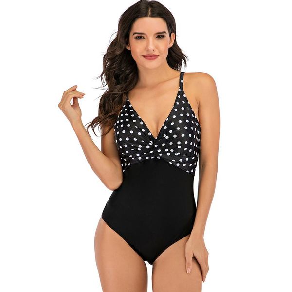 

plus size women's monokini plunge v neck front cross one piece swimsuit tummy control polka dot retro swimwear bathing suit one-piece s