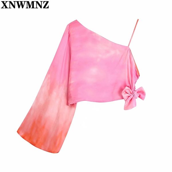 

women tie-dye asymmetric female off shoulders cropped blouse fashion side bow zip closure woman vintage shirt 210520, White