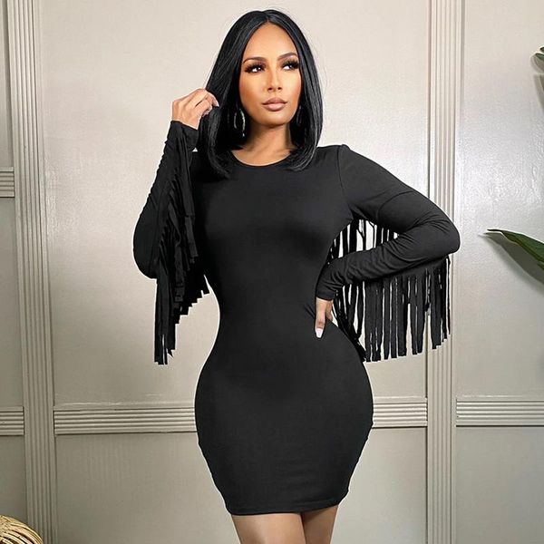

casual dresses clubwear women tassels long sleeve black basic bodycon dress slim stretch short mini clothes, Black;gray