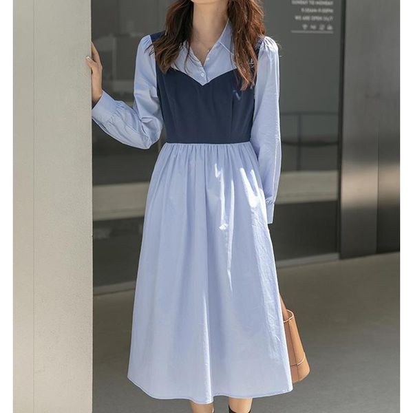 

casual dresses long-sleeved fake two-piece dress women autumn and spring gentle style temperament plus size women's blue skirt, Black;gray