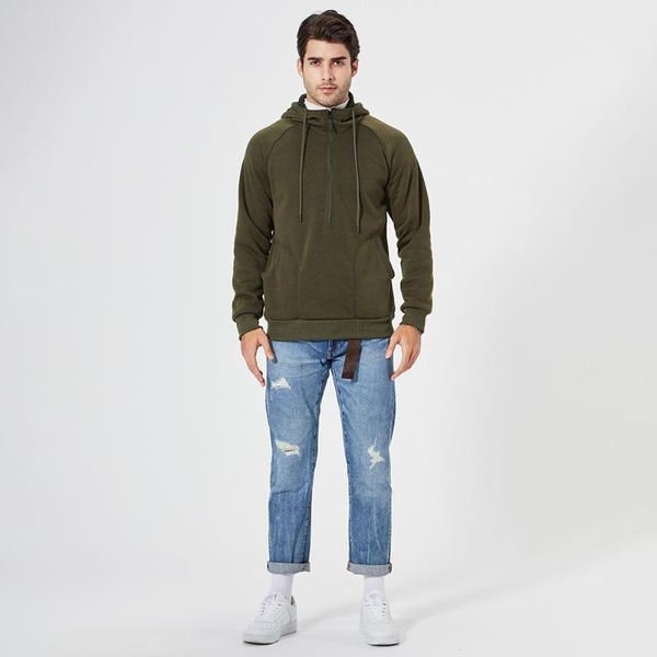 

men's hoodies & sweatshirts autumn and winter half zipper big pockets plus fleece hooded solid color trendy fashion assault hoodie swea, Black