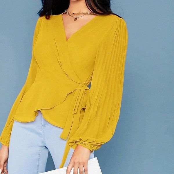 

women's blouse shirt plain v neck elegant green pink yellow r3wz#, White