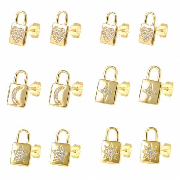 

stud canner earring 925 sterling silver small lock ear rings for women girl heart moon star cz luxury bone piercing kolczyki, Golden;silver