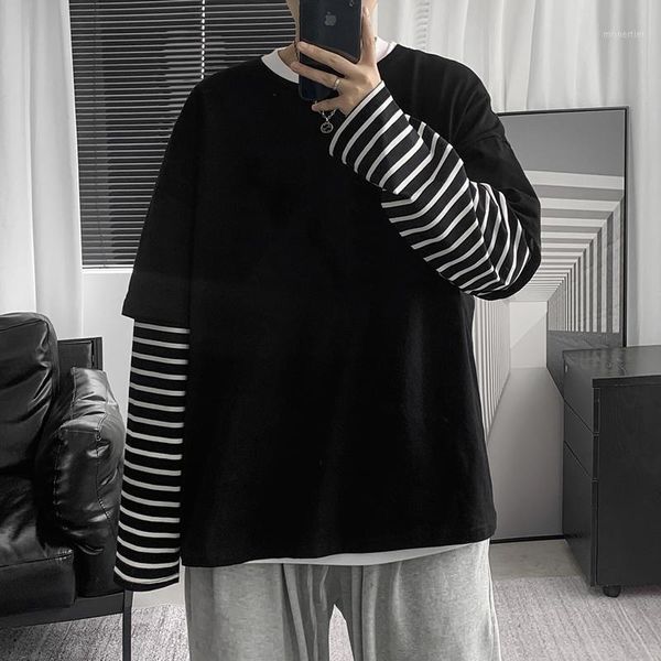 

men's t-shirts autumn harajuku oversized fake two price t-shirt long sleeve loose cotton japanese streetwear, White;black