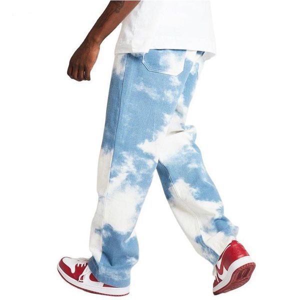 

men's jeans men sky blue tie-dyed denim pants straight leg fitted baggy washed soft comfort chino trousers hip-hop streetwear