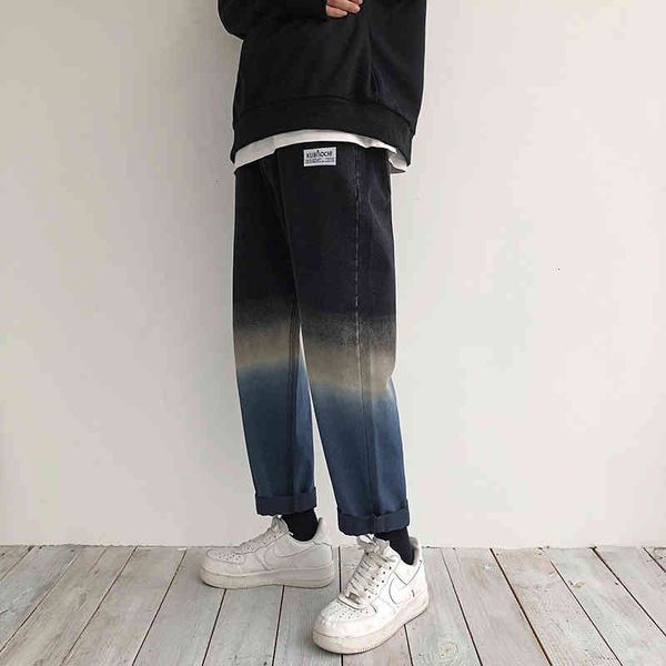 

men's jeans autumn gradual change color baggy casual pants black homme classic style cargo pocket male trousers size -2xl zu33, Blue