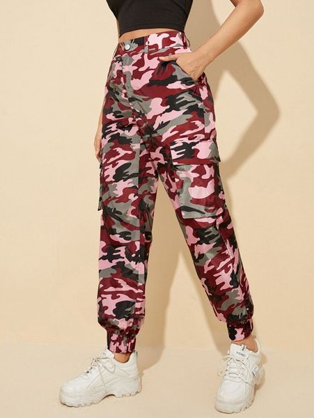 

camo print flap detail high waist pants 33mx#, Black;white
