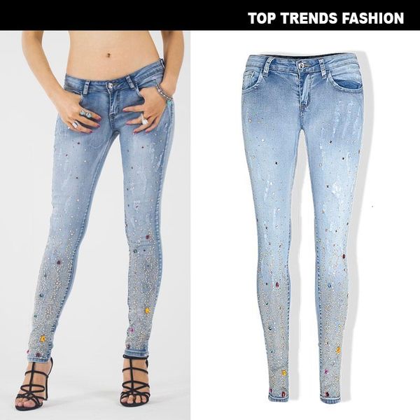 

spring women's wear pierced and drilled jeans pants large slim fit, Blue