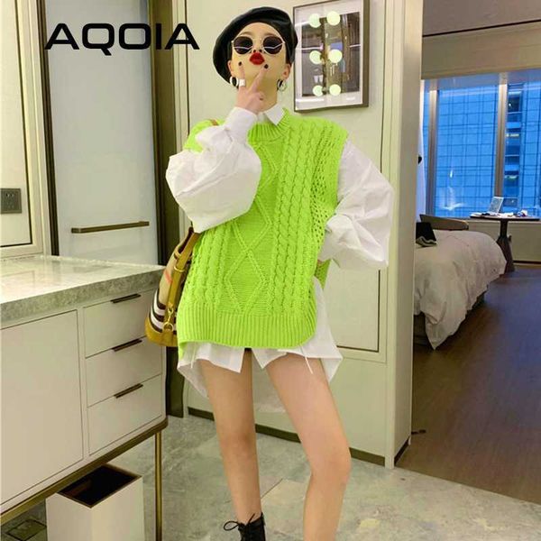 Harajuku Свободные Флуоресцентные Зеленые Женщины Свитера Корея Негабаритные Вязаные Женщина Свитер Жилет 2020 Зимний Плюс Размер Пуловер Одежда Y0825