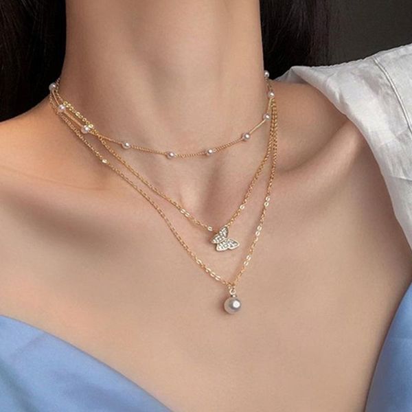 

pendant necklaces beautiful multi-layer butterfly pearl for women girl fashion charm neck chain necklace jewely 2021 trend gift, Silver