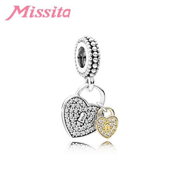 

charms missita romantic clear zircon love lock fit brand bracelets necklaces for jewelry making ladies accessories, Bronze;silver